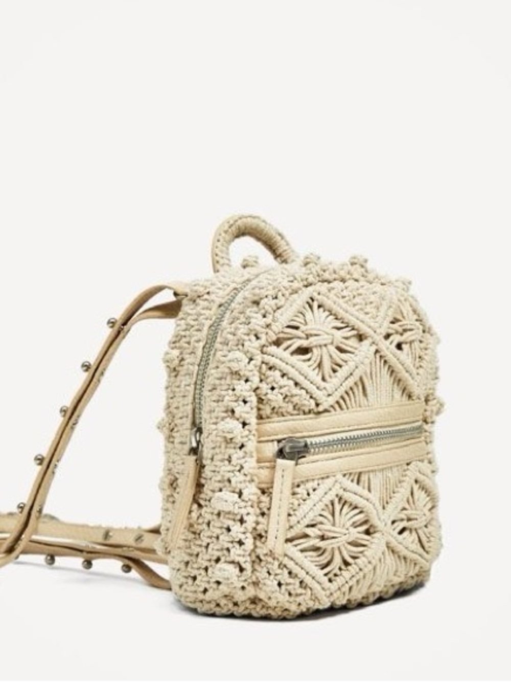 Zara Cream Macramé Mini Backpack with Chain Straps